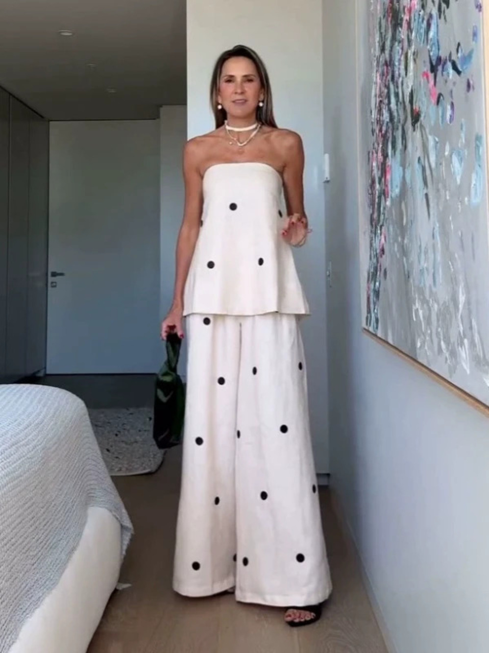 ZARA Spring Stylish Polka Dot Strapless Top and Pants Set